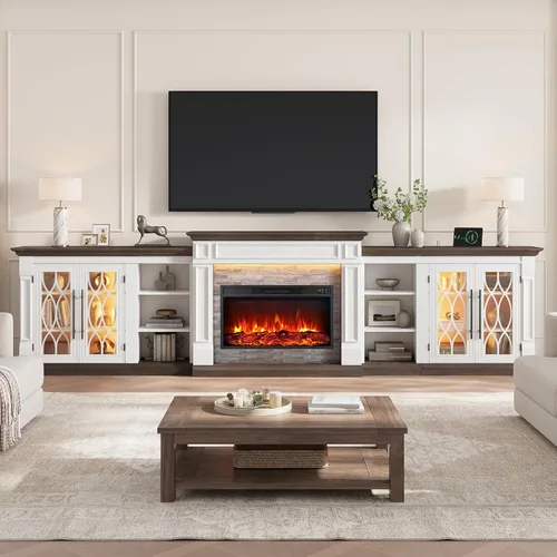 Vista 16 de Soporte de TV con chimenea de 72 pulgadas con toma de corriente y LED, chimenea eléctrica con repisa, centro de entretenimiento con almacenamiento