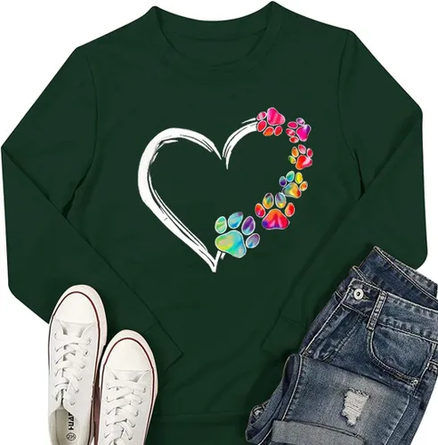 Vista 2 de Sudaderas para mujer con estampado de patas, de perro, con bloques de color, manga larga, cuello redondo, casual, linda sudadera