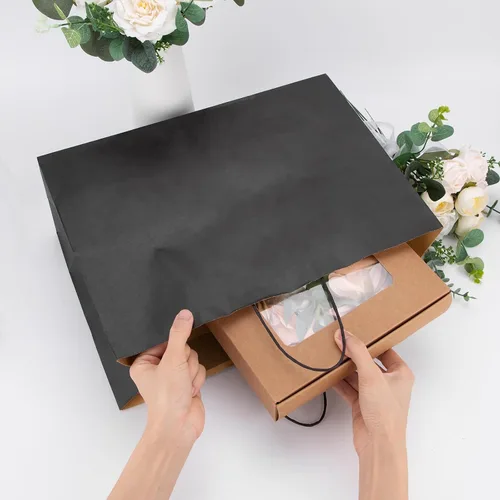 Vista 4 de Ronvir - Bolsas grandes de papel kraft con asas a granel para compras, paquete de 70, color negro 16x6x12 Inch,120GSM,Thick,Durable,8LB