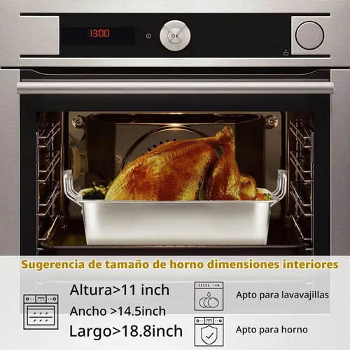 Vista 2 de Sartén para asar de acero inoxidable de 15 pulgadas con estante de enfriamiento - Para pavo, pollo, jamón con estante de horneado en forma de V