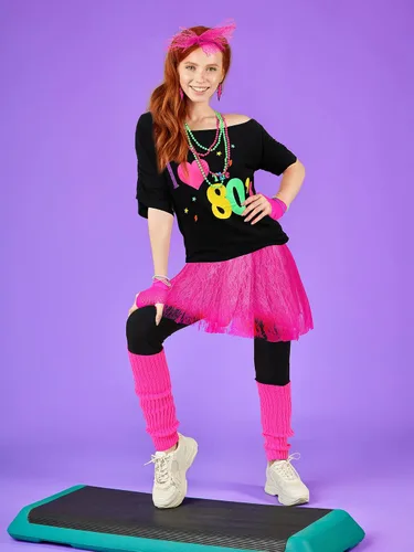 Vista 7 de Vabean Juego de 19 piezas de disfraz de los años 80, camiseta, leggings, falda tutú, diadema, collar, pulseras, aretes, guantes, calentadores