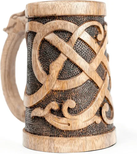 Vista 4 de Jarra de Cerveza de Madera Premium 20Oz Estilo Urnes 100% Hecha a Mano Jarra de Cerveza Accesorios de Vino Regalos Vikingos Regalo Medieval Tankard