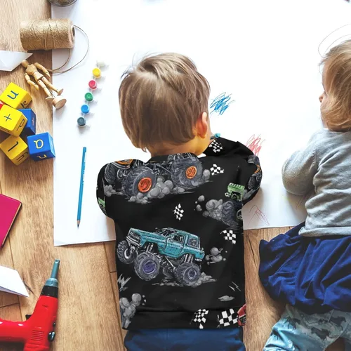 Vista 54 de Plaaee Sudadera de forro polar de manga larga con cuello redondo para niños o niñas, estampado de camiones monstruos, 4T
