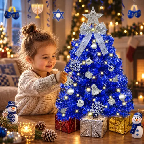 Vista 8 de Timer - 24 Inch/2 FT Blue Tabletop Christmas Tree with Lights 8 Modes Mini árbol de Navidad pequeño, 20 luces blancas cálidas, 20 cajas de Azul