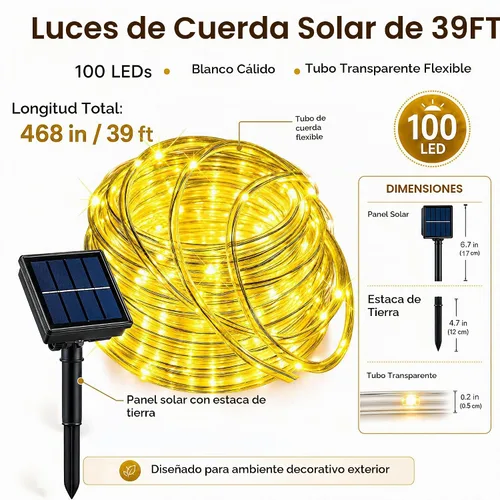 Vista 8 de LairtPOW Cuerda de luz solar impermeable IP65 de 39 pies, 100 luces LED para exteriores, luces solares para exteriores, para fiestas, jardín, patio