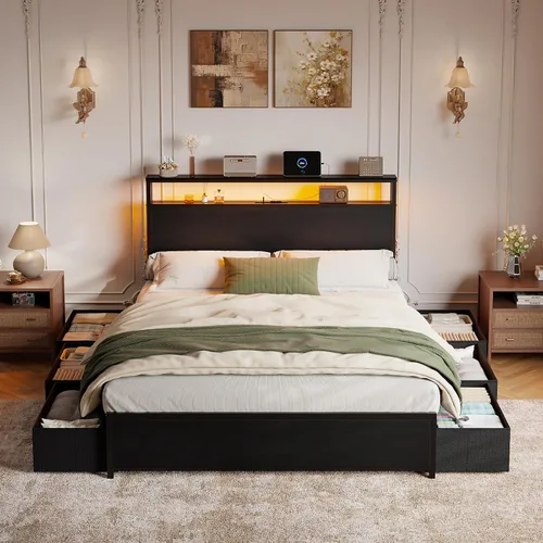 Vista 4 de Forestell Full Size Bed Frame with Storage Headboard & 6 Drawers, Metal Platform Bed Frame with LED Lights & Charging Station, 2 Tier Shelf Storage