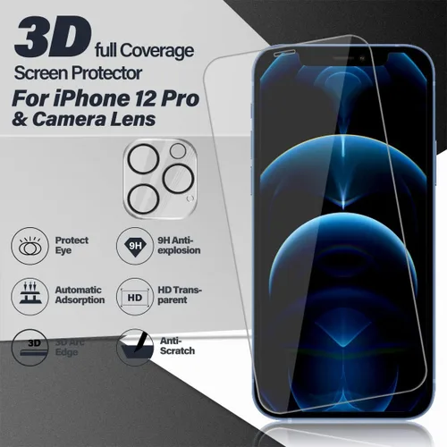 Vista 2 de BIG FACE Protector de pantalla compatible con iPhone 12 Pro + protectores de lente de cámara, [2 + 2 unidades] de vidrio templado transparente HD