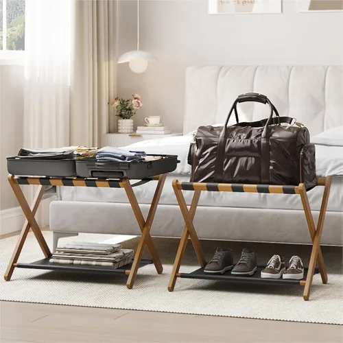 Vista 8 de Smart FENDEE Portaequipajes, portaequipajes plegable para habitación de invitados, soporte de maleta de bambú marrón con capacidad para hasta 131