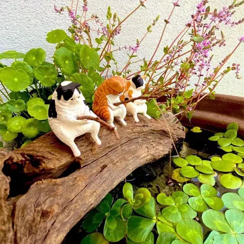 Vista 3 de Decoración de acuario de gato de pesca en miniatura, mini estatua de animales, decoración de animales de acuario, juego de figuras en miniatura
