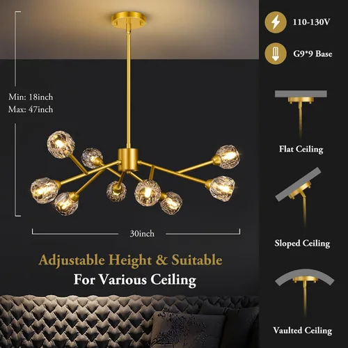 Vista 6 de 9-Light Sputnik Chandeliers, Gold Dining Room Light Fixture Over Table, Modern Crystal Chandelier, Brass Farmhouse Ceiling Light Fixture Hanging for