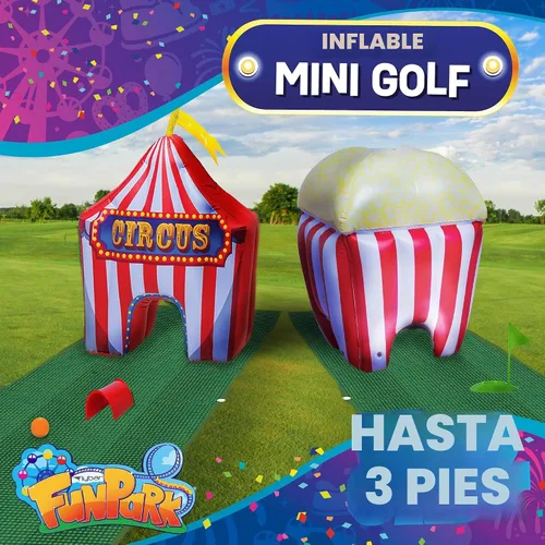 Vista 6 de FunPark - Juego de minigolf inflable – Campo de 13 piezas con palos ajustables, pelotas, copas de putting, tapetes verdes y obstáculos temáticos