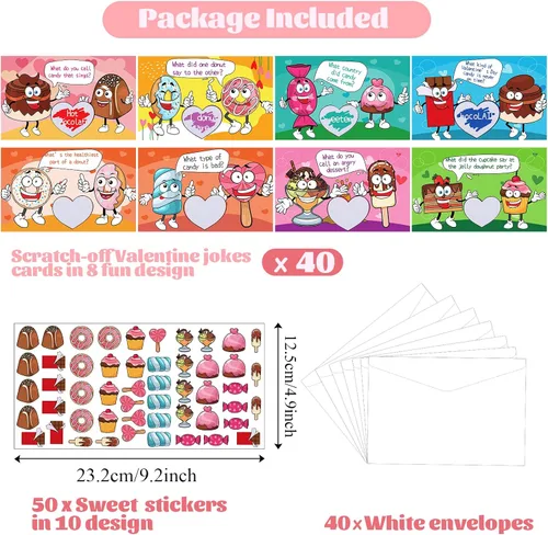 Vista 2 de Paquete de 40 tarjetas de chistes de San Valentín para niños con sobres, calcomanías de comida dulce, tarjetas de intercambio para el día de San