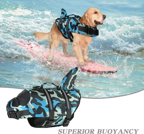 Vista 5 de Doglay Chaleco salvavidas para perro, chaleco salvavidas de tiburón Camuflaje azul-tiburón
