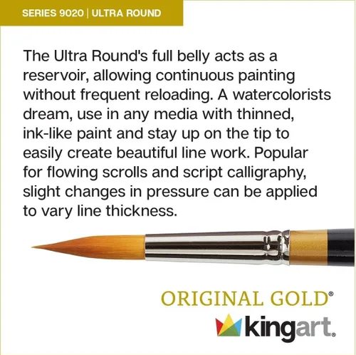 Vista 3 de KINGART Premium Original Gold 9020-0 Ultra Round Series - Cepillo para artista, pelo sintético Taklon dorado, mango corto, para acrílico, acuarela