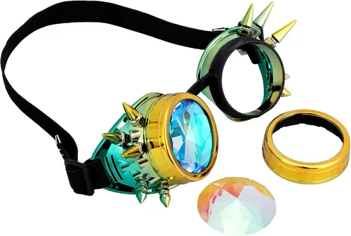 Vista 107 de Gafas de caleidoscopio retro con pinchos, gafas de cristal arcoíris steampunk estilo soldadura, gafas de cosplay punk