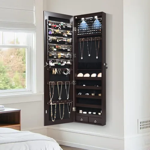 Vista 3 de Giantex Armario de joyería para puerta de pared con espejo de longitud completa, 2 LED con cerradura grande organizador de joyas con espejo ancho