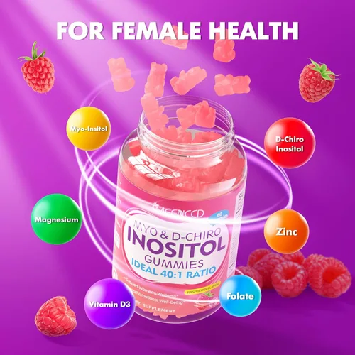 Vista 5 de Gomitas de mio-inositol y D-Chiro inositol, proporción 40:1 de inositol con vitamina D3, glicinato de magnesio, folato y zinc, suplemento