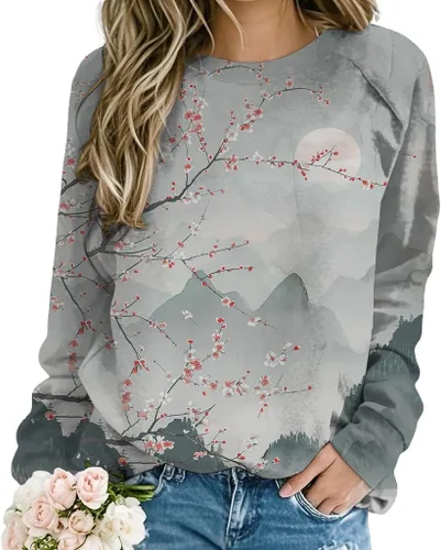 Vista 14 de ZOCANIA Sudaderas para mujer, sin capucha, manga larga, cuello redondo, estampado floral, ajuste holgado