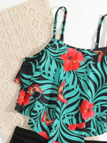 Vista 4 de SHENHE Conjunto de bikini de 2 piezas para niña, diseño floral de cintura alta con volantes