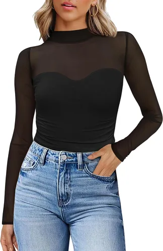 Vista 30 de Camisas de manga larga de malla sexy para mujer, ropa de moda, cuello de tortuga, drapeada, para salir, trajes de otoño, blusas ajustadas Negro