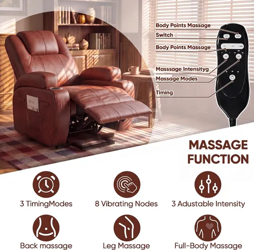 Vista 3 de Furmax Silla reclinable eléctrica con masaje para personas mayores, tela de pana, sillón reclinable individual con portavasos, bolsillos laterales