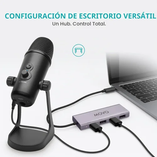 Vista 5 de Paquete de podcast USB para 2 personas Movo - 2 micrófonos de condensador y concentrador USB Negro