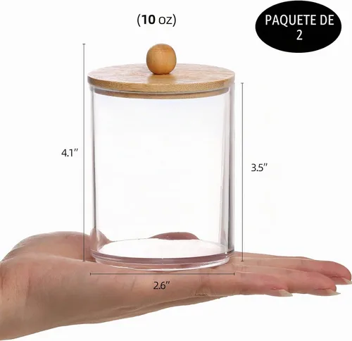 Vista 2 de Tbestmax Tarros de baño con soporte Qtip de 10 onzas para hisopos de bolas de algodón, dispensador de almacenamiento, tapa de bambú (paquete de 2)