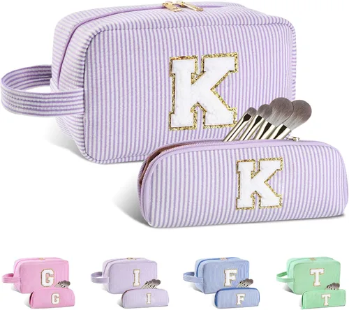 Vista 130 de Bolsa de maquillaje personalizada con inicial A-Z para mujeres, niñas y niños, bolsa de aseo de viaje, bolsa de maquillaje preparada, bolsa