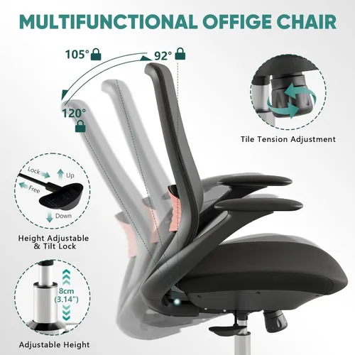 Vista 5 de Silla de oficina ergonómica de malla, silla de escritorio ejecutiva de 330 libras con soporte lumbar, reposabrazos 2D, cómodas sillas giratorias
