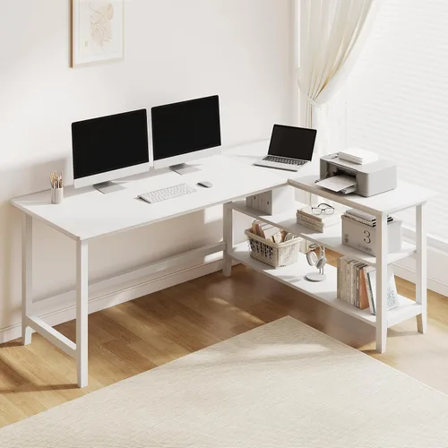 Vista 13 de IOTXY Escritorio de oficina reversible en forma de L, mesa de computadora compacta de 45 pulgadas con estantes de almacenamiento, patas de madera