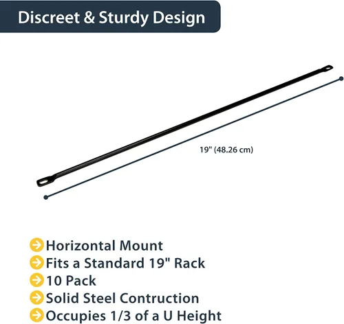 Vista 2 de StarTech - Paquete de 10 barras horizontales de cordones, gestión de cables para rack de servidores, organizador de cables de red de 19 pulgadas, TAA