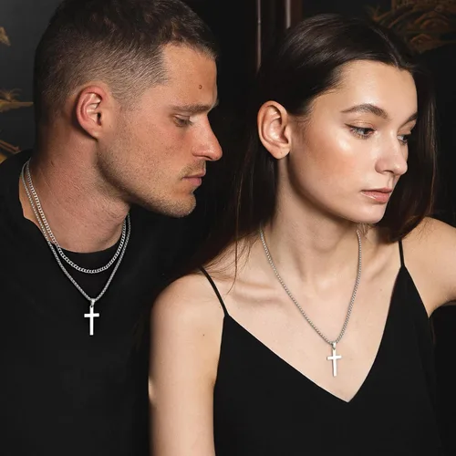 Vista 3 de LUXEJEW Collar de cruz de acero inoxidable para hombres y niños, cadena de eslabones cubanos de plata dorada y negra, cadena de cadena con colgante
