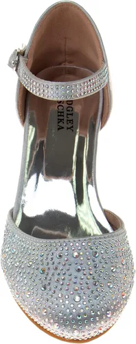Vista 4 de Badgley Mischka Zapatos de vestir para niñas – Zapatos de tacón alto para niños, sandalias de satén con lazo para fiesta, bloque cerrado, con lazo