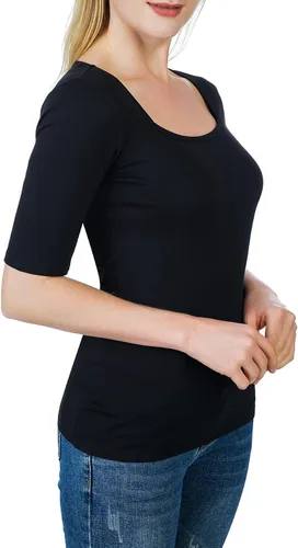 Vista 2 de Camiseta ajustada de media manga con cuello cuadrado para mujer