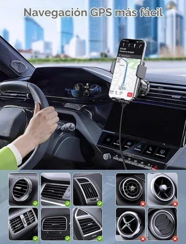 Vista 4 de Cargador de Coche Inalámbrico, MOKPR Carga Rápida de 15W con Abrazadera Automática para Ranura de Ventilación Soporte de Teléfono para Coche con Luz