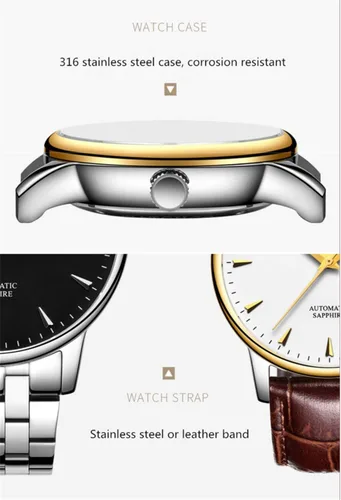 Vista 9 de Reloj de pulsera de cuero de acero inoxidable mecánico automático automático de moda analógica para hombre Fecha luminosa