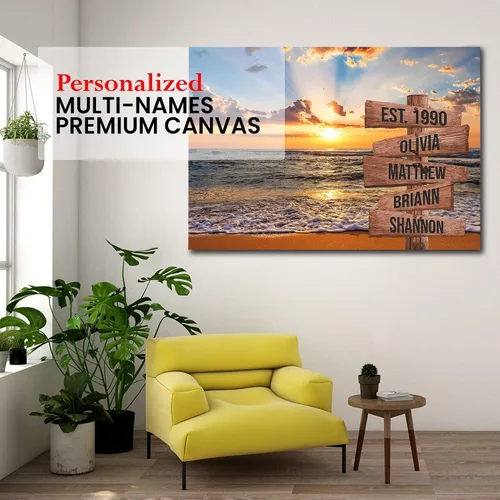 Vista 4 de My Soul And Spirit Store - Lienzo de primera calidad personalizado con varios nombres y puesta de sol sobre la playa, lienzo personalizado