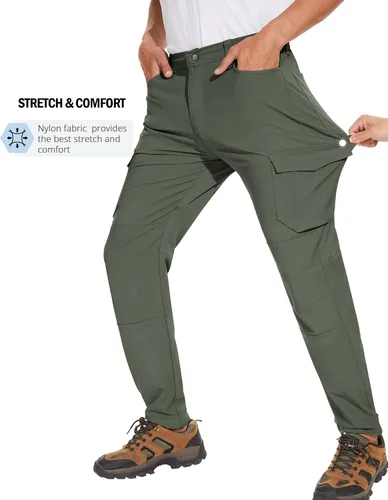 Vista 2 de PULI Pantalones de senderismo casuales para hombre, impermeables, ajustados, elásticos, ligeros, con bolsillos