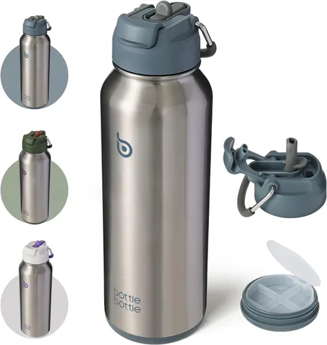 Vista 15 de Botella Botella Botella de agua deportiva de 40 oz de acero inoxidable, botella de agua aislada con popote y porta pastillas Dual-use