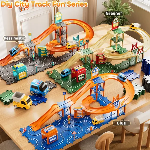 Vista 7 de Puzzle Racer - Juego de pistas de autos para niños, pistas de carreras de 4 niveles para niños de 3 a 5 años con 3 autos, piezas de tráfico