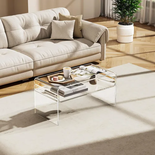 Vista 2 de Mesa de café acrílica para sala de estar con estante de almacenamiento abierto, mesa rectangular transparente de Lucite (1, Transparente, Normal)