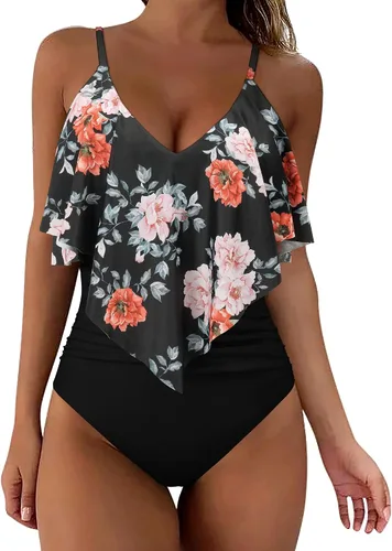 Vista 10 de SUUKSESS Traje de baño de una pieza con volantes y fruncidos para mujer, con control de abdomen, traje de baño adelgazante #1 estampado floral negro