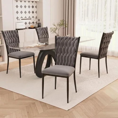 Vista 33 de Juego de 2 sillas de comedor de terciopelo, modernas sillas de cocina tejidas con patas de metal dorado, cojín tapizado con respaldo alto