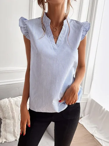 Vista 5 de Floerns Blusa a rayas con cuello en V y mangas casquillo con volantes para mujer