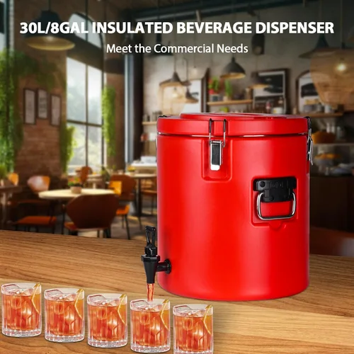 Vista 2 de Dispensador de bebidas aislado de 8 galones, dispensador comercial de bebidas frías y calientes con interior de acero inoxidable 304 y boquilla