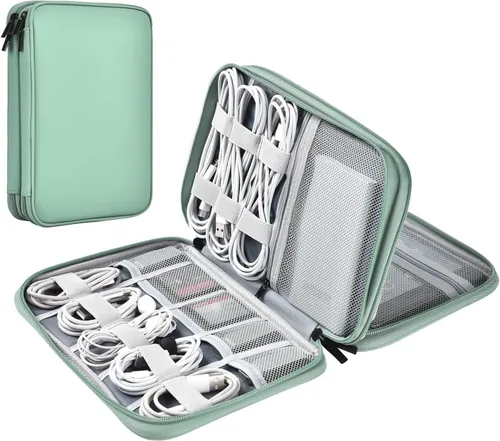Vista 20 de Organizador de cables de cuero para viaje, impermeable, organizador de cables de viaje, portátil, organizador técnico, estuche de viaje para Verde