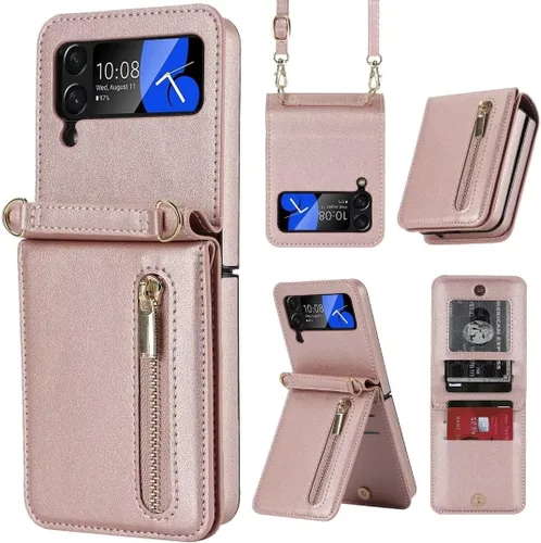 Vista 16 de Funda de lujo con cremallera para Samsung Galaxy Z Flip 3, con función atril, tarjetero ajustable, correa cruzada ajustable, funda con tapa a
