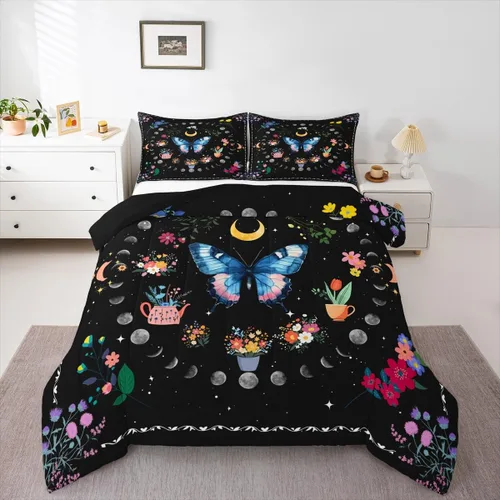 Vista 15 de Juego de edredón de polilla de la muerte, juego de ropa de cama tamaño individual, diseño de calavera gótica, flores botánicas, juego de edredón