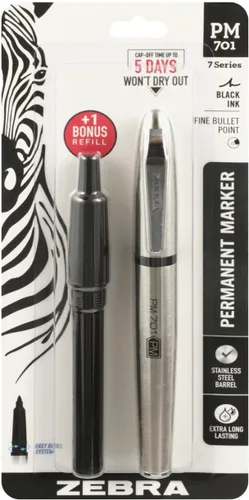 Vista 10 de Zebra Pen PM-701 - Marcador permanente, barril de acero inoxidable, punta fina, tinta negra, recargable, paquete de 1 unidad