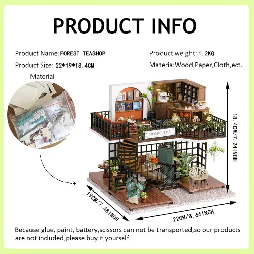 Vista 2 de Mini casa de muñecas en miniatura de madera, tienda de té del bosque, escena, modelo de construcción, casa de juguete con luces LED y cubierta